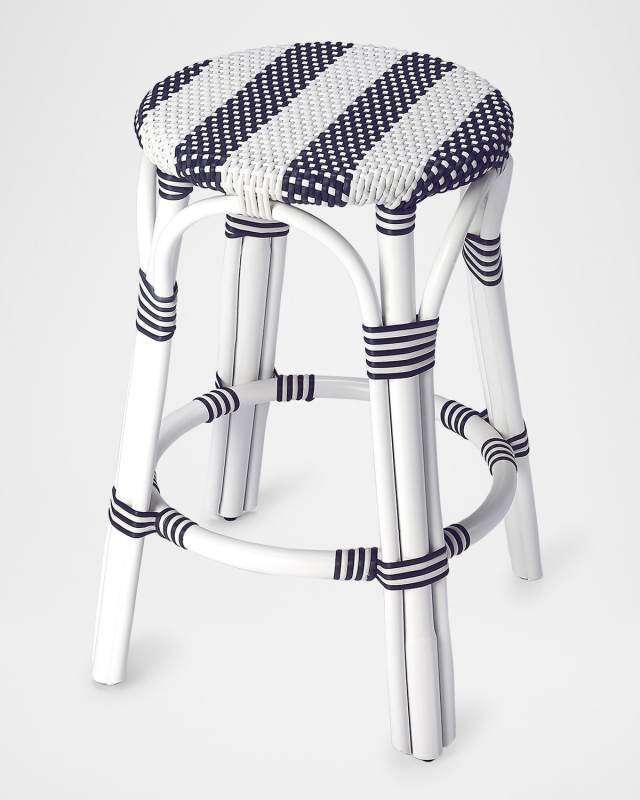 Tobias 24" Rattan Counter Stool, White/Navy Stripe